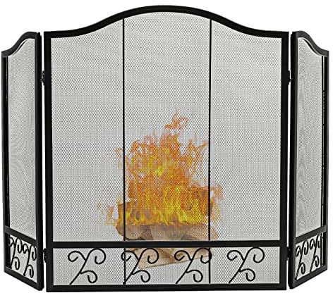 COSTWAY 3 PCS Folding Iron Fire Panel, Spark Flame Barrier with Leaves Decoration, Wide Metal Mesh Safety Fire Place Guard for Wood and Coal Firing, Stoves, Grills (Grass Pattern, 127x78cm)
