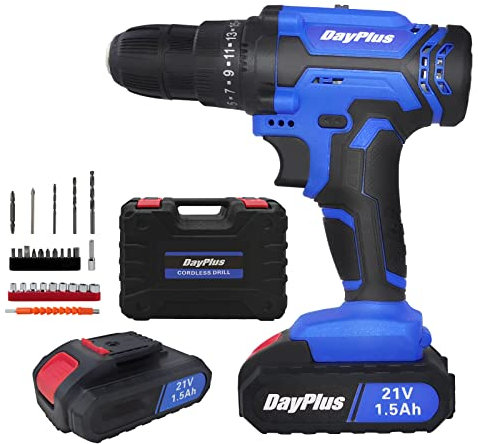 Akkuschrauber mit 2 Stück 1,5AH Li-Ionen-Akkus, 2 Geschwindigkeiten 0-1400RPM, 45Nm 25+1 Drehmoment, flexible Welle, inkl. 26 Stück Zubehör und Koffer, elektrische Schlagbohrmaschine