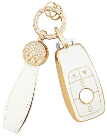 BLINGOOSE Autoschlüssel Hülle für Mercedes 4 Tasten TPU Car Schlüsselgehäuse Schutz Abdeckung Bling Keychain für Benz AMG A C E G S CLA GLA GLB GLE CLS GLS Girly Frauen Gold Weiss