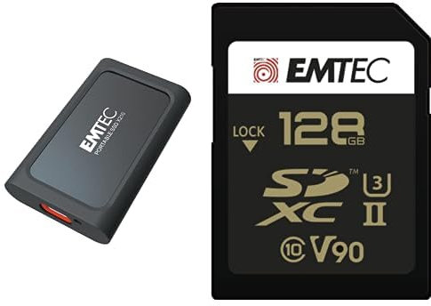 EMTEC - Pack création : Disque SSD Externe X210 Elite 1To + Carte SDXC UHS-II U3 V90 SpeedIN Pro+ 128 Go - Pack De 2