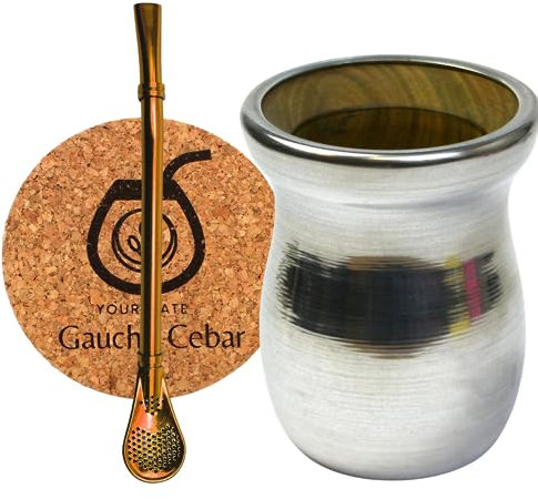 Juego para Té Mate con Vaso de Palo Santo y Bombilla de Acero Inoxidable | Taza de Té Mate Hecha a Mano, Totalmente Revestida de Metal | Palo Santo