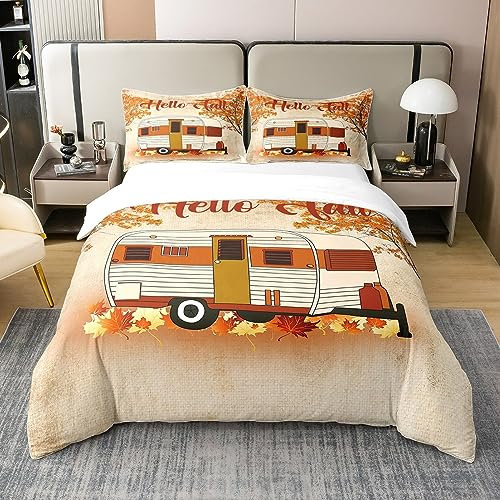 Herbst Ahorn 100% Natürliche Baumwolle Bettbezug 220x240,Hallo Herbst Bettwäsche Set für Thanksgiving,Cartoon Auto Tröster Abdeckung für Camping,Herbst Ernte Camper Bett Sets mit 2 Kissenbezüge