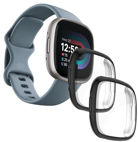 iDaPro [2 Stück] Hülle für Fitbit Versa 3 / Sense Displayschutzfolie, volle Abdeckung, schützende Stoßstange, weiche TPU-Abdeckung, Zubehör – [Schwarz + Schwarz]