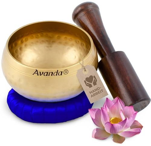 Juego de cuenco tibetano para yoga, meditación y relajación - Cuenco tibetano martillado Ø 8 cm, mazo de madera de mango y cojín anular azul