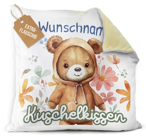 PR Print Royal Flauschiges Kuschel-Kissen für Kinder mit Füllung mit Name selbst gestalten - Bär Kissen für Mädchen und Jungs, Kinderkissen mit Name | 40 x 40 cm, Rückseite Gelb Flauschig