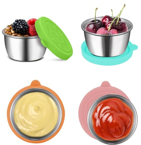 Kssvzz 4 Stück Salatdressing Behälter, 70ml Kleine Gewürzbehälter Auslaufsichere, 304 Edelstahl Mini Dosen mit Silikon Deckel, Dip Saucenbehälter Dose Snackbox für Snack, Dips, Salat, Gewürze