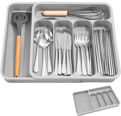 Sporgo Bandeja para cubiertos extensible para cajones: bandeja ajustable para utensilios de cocina, organizador de cubiertos, para tenedores, cucharas, cuchillos