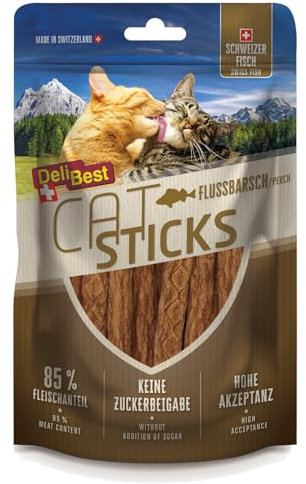 DeliBest Cat Sticks aus 100% Schweize Flussbarsch I Katzen Leckerlies getreidefrei I Katzensnack ohne künstliche Zusatzstoffe I Allergiker geeignet I 50g