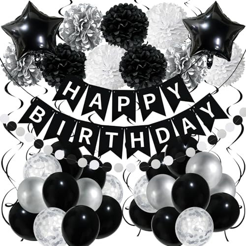 Recosis Schwarz Weiß Geburtstagsdeko, Happy Birthday Banner mit Pompoms Papier Girlande Wimpel Spiral und Luftballon Kindergeburtstag für Mädchen Junge Mann Frauen Geburtstags Dekorationen