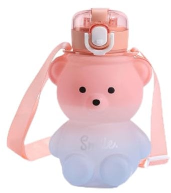Merrwon Niedliche Teddybär-Wasserflasche, Kawaii-Bär-förmige Wasserflasche mit Strohhalm und Aufklebern, auslaufsichere Trinkflasche mit Schultergurt, für Mädchen, Schule, 800 ml