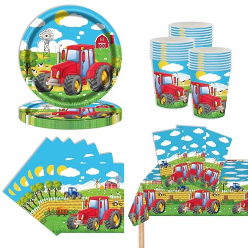 Gxhong Traktor Geschirr 69 Stück, Traktor Geburtstag Party Geschirr, Kinder Traktor Thema Geschirr mit Teller Banner Tasse Serviette, für Jungen Mädchen Gäste Partyzubehör