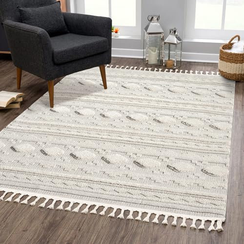 carpet city Teppich Boho Wohnzimmer - Creme - 200x290 cm - Geo-Muster - Relief-Optik, 3D-Effekt - Cut-&Loop, Sisal - Moderne Fransen-Teppiche Schlafzimmer