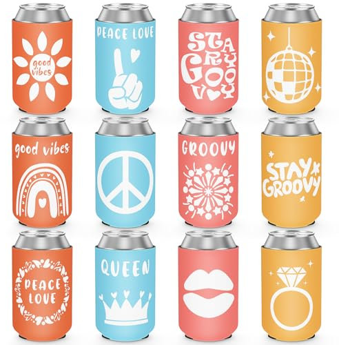 Paquete de 12 enfriadores de latas retro para despedida de soltera, fundas aisladas de neopreno para latas regulares, botellas, hippies, suministros para fiestas