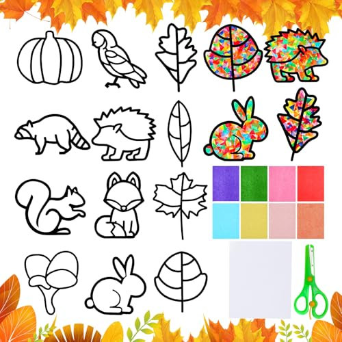 patinadrift 12 Stück Herbst Basteln Kinder Bastelvorlagen Herbst Fensterbilder DIY Bastelset für Halloween Thanksgiving Geschenk