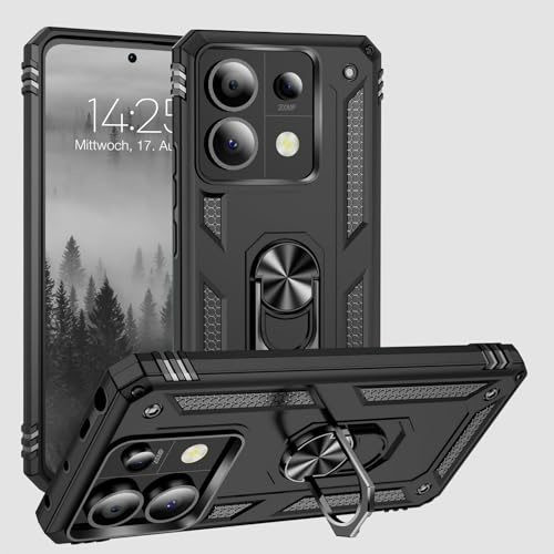LBH Outdoor Hülle für Xiaomi Redmi Note 13 Pro 5G Armor Militär Stoßfest Handyhülle 360 Grad Metal Ring Halter Ständer Schutzhülle für Handyhalterung Auto Magnet Schwarz
