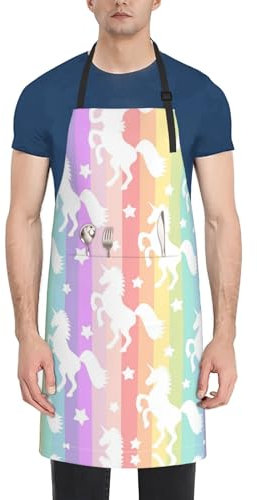 Cykazhst Küchenschürze mit Einhörnern auf bunten Streifen, für Damen und Herren, verstellbare Kochschürze mit 2 Taschen zum Backen, Grillen, Gartenarbeit, Restaurant, Kaffee, Schwarz , One size