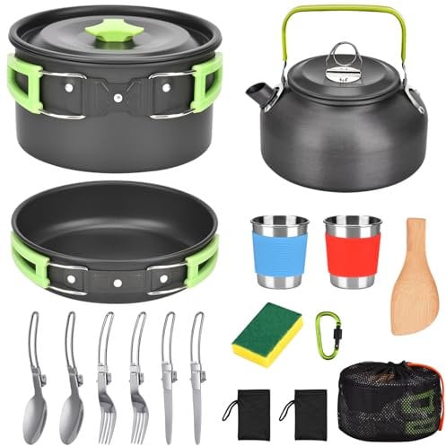 Pangutiandi 17 PCS Camping Cookware Set Outdoor Cooking Set Aluminum Camping Tableware Non Stick Camping Dinnerware for Hiking Trekking Backpacking Picnic Fishing Mountaineering（2 to 3 People)