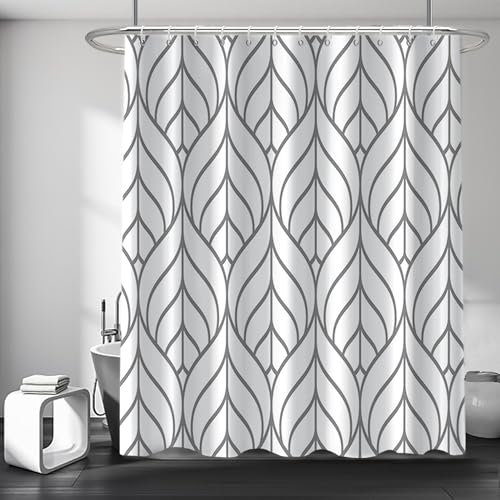 Ruelvth Duschvorhang, Grau und Weiß, modern, ästhetisch, grau gestreift, Duschvorhang-Set für Badezimmer, wasserdicht, Polyester, Duschvorhang mit Haken, 183 x 183 cm