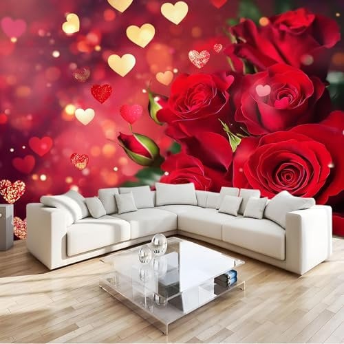 Fototapete Romantisches Thema Rote Rosen Tapete Wandtapete Wanddeko Design 250x175 cm Mustertapete Wand Dekoration Wohnzimmer Schlafzimmer Büro Flur