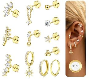 JeweBella 12Pcs Helix Piercings Chirurgenstahl Ohrringe für Damen Silber Gold Ohr Piercing Ohrstecker Klein Creolen Knorpel Ohrringe Piercing Set Conch Helix Tragus Piercing Ohr Schmuck
