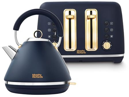 Morphy Richards Accents Kettle and Toaster Set, Soft Gold Collection, 1.5L Rapid Boil Accents Pyramid Kettle, 4 Slice Variable Browning Accents Toaster, Matching Set, 3KW/ 2200W, Navy, 102045/242045