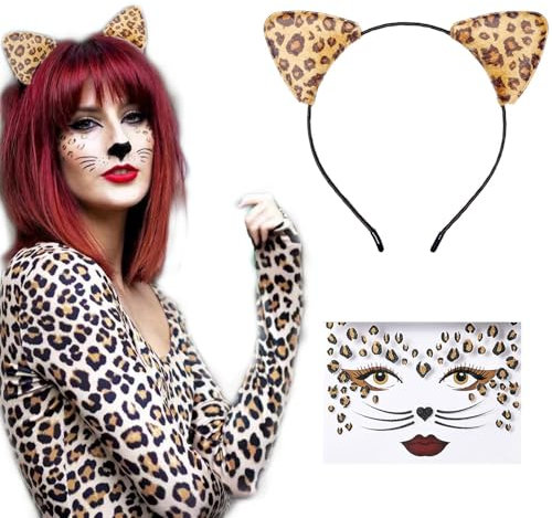 2PCS Leoparden Kostüm Set, Leoparden Ohren Haarreif + Leopard Gesicht Kunst Aufkleber, Damen Kinder Leoparden Kostüm Zubehör für Halloween Karneval Cosplay Mottoparty, Braun