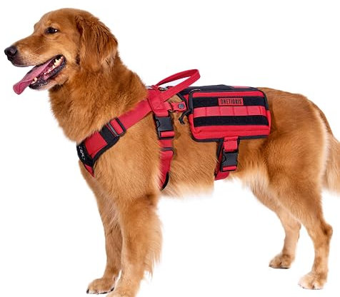OneTigris Service Hundegeschirr, Guardian Geschirr mit 3 Edelstahl D-Ringen und Großer Kapazität Tasche, Sicherheitsgeschirr für Mittelgroße Große Hunde Rot,L