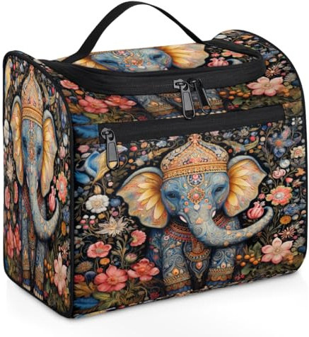 Mexpekil Kulturbeutel zum Aufhängen, mit 11 Fächern, indischer Burma-Stil, Elefant, Blume, Vogel, wasserabweisend, Make-up-Kosmetiktasche, Reise-Organizer für Zubehör, Shampoo, Toilettenbehälter in