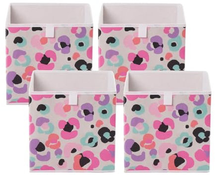 OHS Set of 4 Cube Storage Boxes Leopard Print, Foldable Fabric Storage Baskets Home Organiser Toys Clothing Bathroom Pop Up Collapsible Space Saving Cube Storage, Multi