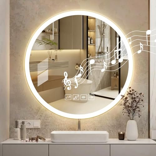 Dibaful Specchio da Bagno Rotondo 60x60cm con Illuminazione e Musica Bluetooth 3 Colori Dimmerabile per Bagno Hotel con Luce