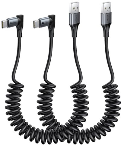 SUNGUY Right Angle Coiled USB C Cable [0.3M-0.8M], 2Pack 90 Degree USB A to USB C Cable for Android Auto & Carplay, USB Type C Charging Cord for iPhone 16 15 Pro/Plus, Samsung Galaxy S24 S23 S22