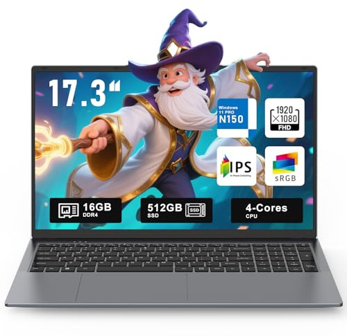 CHIFUYOU 17.3-inch laptop, N150 (4C/4T, up to 3.6 GHz), gaming laptop 16 GB DDR4 512 GB SSD, WiFi 5/BT4.2, Kensington Lock, 6-hour backlit keyboard