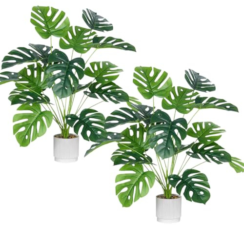 Laelfe 2 Packs Artificial Monstera Plant in Pot, 71 cm, 18 Leaves | Fake Tropical Areca Palm, Faux Monstera, Indoor Outdoor, Home Garden Office Floor Decorations