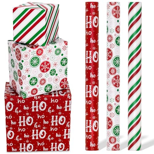 Toptime Geschenkpapier Weihnachten, 3 Rollen 300x43cm Grün Rot Weihnachtsgeschenkpapier mit Schneeflocken Streifen Muster, Metallic Glitzer Geschenkpapier Rolle mit Weiße Ho Ho Ho für Nuejahr, Party