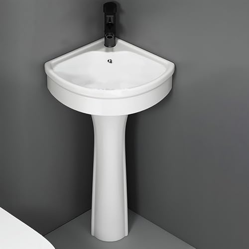 Platzsparendes Eck-Säulenwaschbecken, Dreieckiges Keramik-Waschbecken mit Überlauf und Standfuß, Inklusive Armatur und Ablauf, Ideal für Badezimmer und kleine Räume