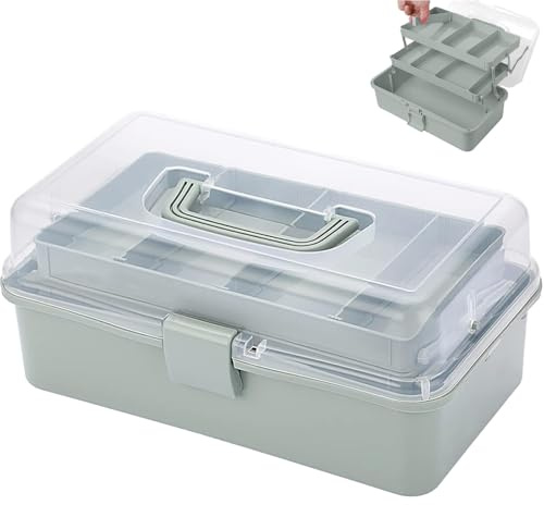 Kongming 32cm Bastelkoffer Kinder, 3 Regal Mehrzweck Aufbewahrungsbox mit Deckel, Bastelbox Kunststoff Sortierboxen für Kleinteile, Organizer Box, Nähkasten, Medizinkoffer, Toolbox, Angelkoffer (Grün)