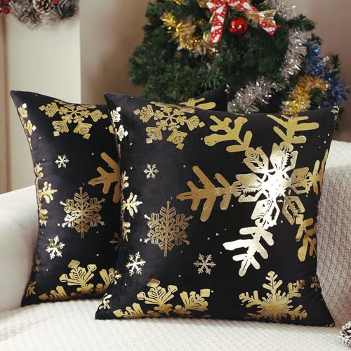 Kissenbezüge Weihnachten Schwarz und Gold Sofakissen 40x40 Bezüge Schneeflocke Samt Kissen Dekokissen Zierkissenbezüge Kissenhülle Weihnachtsdeko für Sofa Couch Schlafzimmer Wohnzimmer, 2er Set