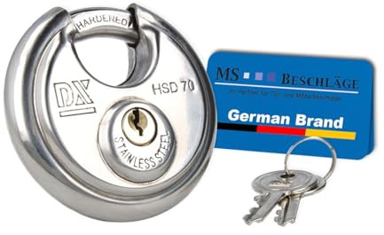 MS Beschläge Diskus-Vorhängeschloss Edelstahl 70mm | robustes rostfreies Bügelschloss mit Kneifschutz | gleich- oder verschiedenschließend | Sicherheitsschloss inkl. 2 Schlüssel (Schlüsselnr. 704)