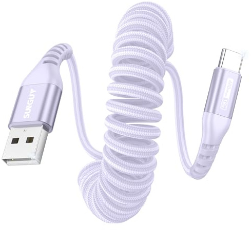 SUNGUY Câble Spiralé USB C, 1Pièces 1.2M [Longueur Confortable: 0.3-0.8M] USB vers USB-C et Câble de Données pour Android Auto, CarPlay, iPhone Série 17/16/15, Galaxy S24 Ultra, Pixel, Xiaomi - Violet