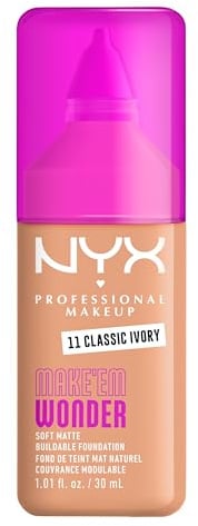 NYX Professional Makeup Make 'Em Wonder Foundation, 24H Soft Matte Aufbaubare Foundation, Mit hoher Deckkraft, Mattes Finish, 11 Classic Ivory