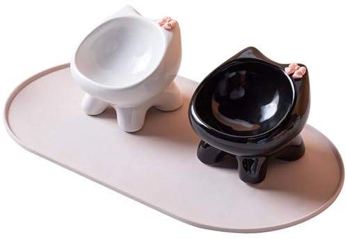 Ceramic cat bowl with mat, 2-piece set, cat shaped cat food and water container (White+Black)