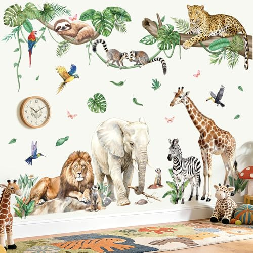 Peelora Jungle Animals Safari Giraffe Elephant Wall Decals Stickers XXL | Peel and Stick Decals for Walls, DIY Wall Art Stickers, Removable & Wall‑Safe, Vibrant Colors Decor for Bedroom, Living Room