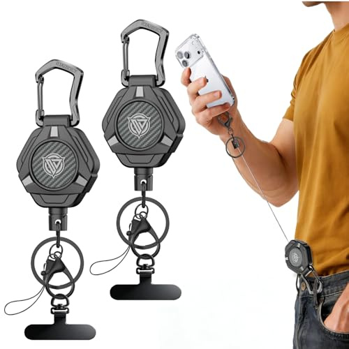 Oaridey Magnetic Anti Theft Phone Lanyard, Retractable Steel Phone Strap with Heavy Duty Carabiner and 360° Metal Phone Tether Tab For Skiing, Hiking, Fishing, Concert and Traveling, 2 Pack