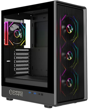 EMPIRE GAMING EC256 Boîtier PC Gamer Moyen Tour ATX/mATX/ITX, Façade Airflow, 4 Ventilateurs ARGB 120 mm Préinstallés + HUB PWM, Verre Trempé, GPU 325 mm, Watercooling 240 mm, 2xUSB 3.0