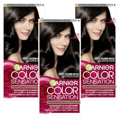 Garnier Color Sensation Permanente Haarfarbe - 3.0 Dunkelbraun - 100% Grauabdeckung - 10 Wochen Farbergebnis - Geschmeidigeres Haar voller Glanz