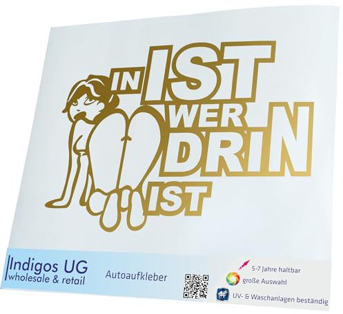 INDIGOS UG Auto Aufkleber Auto - 170x110 mm - In ist wer drin ist - Gold - Selbstklebender Sticker für Auto, Fenster, Bus oder LKW