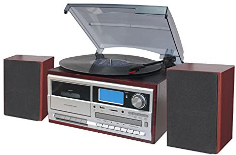 TechPlay ODC128BT 3-Speed Turntable with Cassette Player/Recorder, CD,MP3 SD Card/USB Player, Digital AM/FM Radio, AUX in, Line Out Alarm Clock, Remote and External Speakers (Cherry Wood)