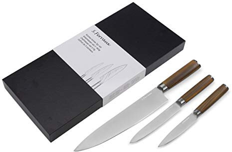 Ferraux Professional 3er Messerset Edelstahl Kochmesser 20 cm (Japanisch) - Fleischmesser - Allzweckmesser - Edelstahl - Griff in Holzoptik - - Aus einem Stück geschmiedet