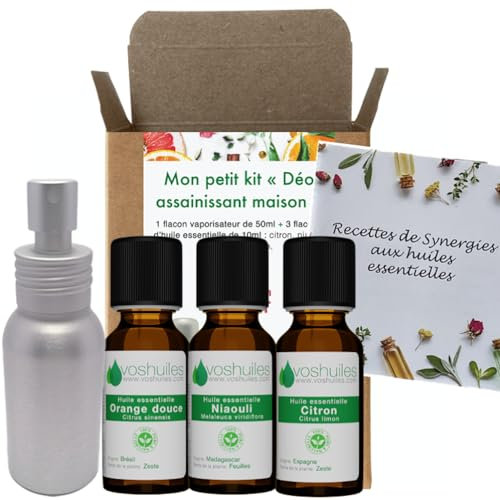 Voshuiles - Mon Petit Kit Déo Assainissant Maison avec 3 Huiles Essentielles Lavande, Citron, Menthe Poivrée et 1 Vaporisateur 50ml - Éliminez les Mauvaises Odeurs - 3x10ml