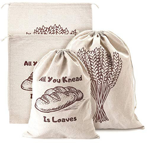 KOALAND Linen Bread Bags, Pack of 4 Reusable Drawstring Bags, Large & Extra Large, Natural Linen, Breathable, Eco-Friendly, Perfect for Artisan Bread Storage